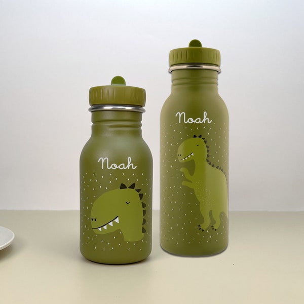 KINDERFLASCHE MIT NAMEN personalisiert aus Edelstahl  / Dino / Trixie / Kindergarten-Flasche / Mädchen / Junge / Schule / Geschenk Kind