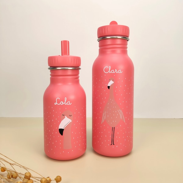 Kinder Trinkflasche mit Namen personalisiert aus Edelstahl  / Flamingo / Kita / Trixie / Kindergarten-Flasche / Wasserflasche / Mädchen