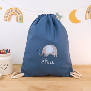 Blue organic children's gym bag personalized with name