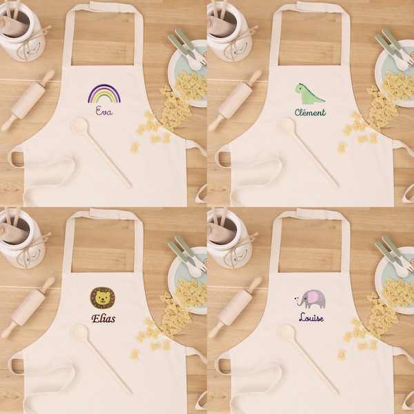 Kinderschürze / Kochschürze / Backschürze mit Namen und Motiv personalisiert für Junge und Mädchen / Fair Trade Baumwolle / bestickt