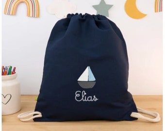 Navy blue organic children's gym bag personalized with name