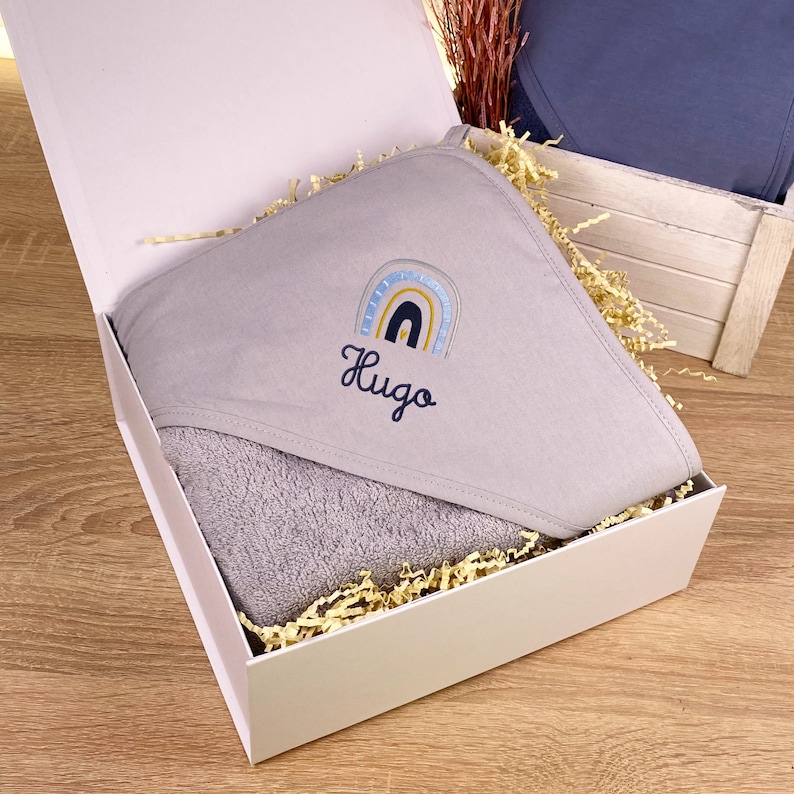 Baby hooded towel personalized with name in gray lion / elephant / rainbow 80 x 80 cm / baby gift / gift birth Regenbogen / Navy