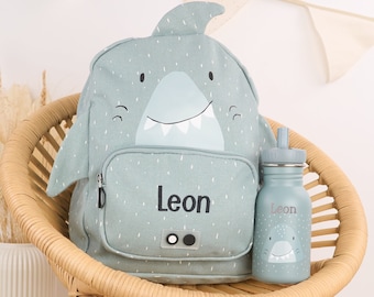 Kinderrucksack Set mit Trinkflasche mit Namen personalisiert | Trixie Rucksack | Trixie Trinkflasche | 15 Tiermotive | Hai | Kita Anfang