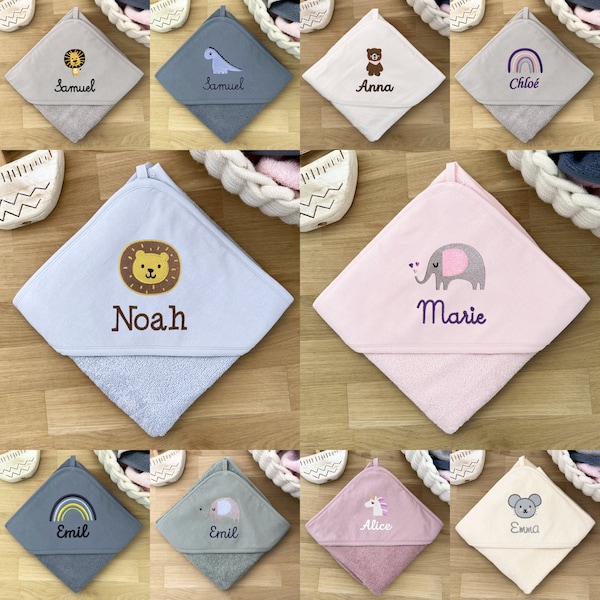 Baby and children's hooded towel for girls and boys with name/motif personalized in blue/pink/white/green/75 x 75 cm/100 x 100 cm/gift