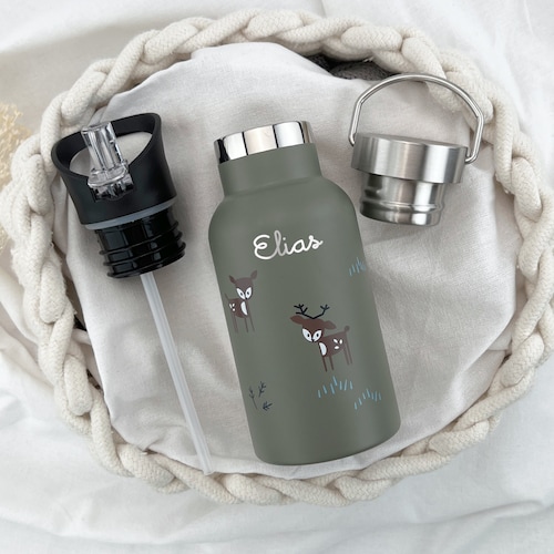 Personalized stainless steel children's water bottle with name, green deer design, and more, for school / kindergarten / daycare / children's gift
