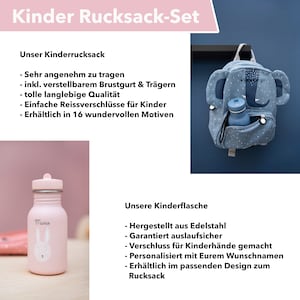May include: A blue and white elephant-themed children's backpack with a matching blue water bottle. The backpack has adjustable straps and a zippered pocket. The water bottle is made of stainless steel and has a screw-on lid.