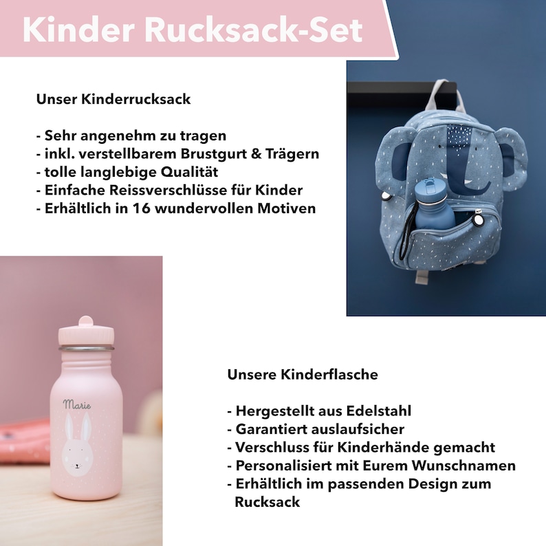 May include: A blue and white elephant-themed children's backpack with a matching blue water bottle. The backpack has adjustable straps and a zippered pocket. The water bottle is made of stainless steel and has a screw-on lid.