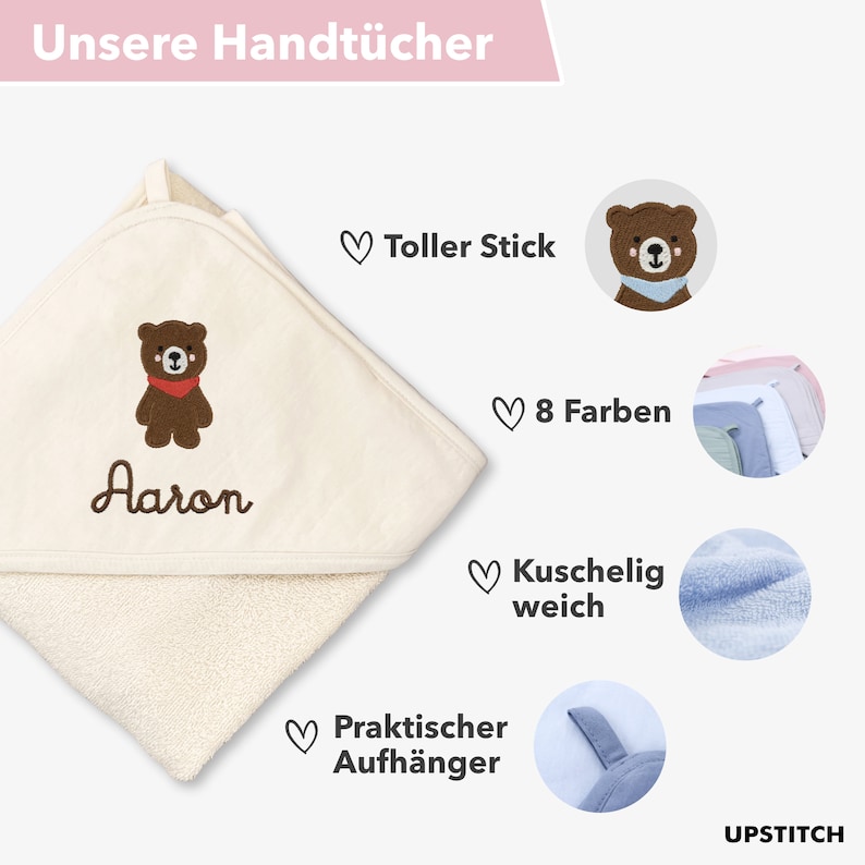 Baby und Kinder Kapuzenhandtuch für Jungen und Mädchen mit Namen personalisiert in Blau/Rosa/Weiss/Grün/ 75x75cm/100x100cm / Kindergeschenk Bild 2