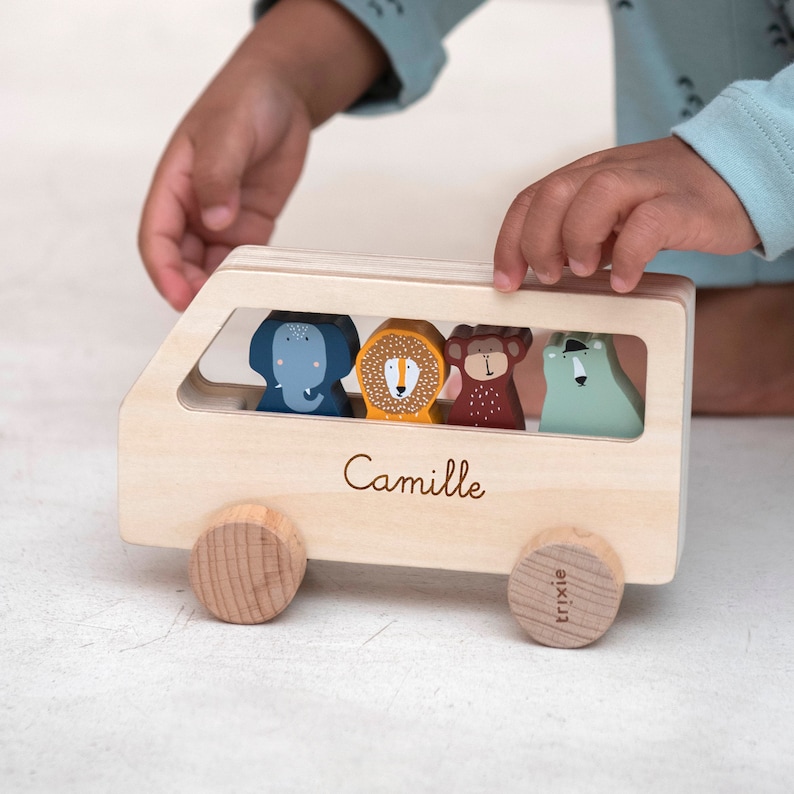 Wooden car engraved with name / children's wooden toy bus personalized with desired name / children's gift / baby gift image 5