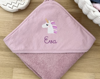 Baby und Kinder Kapuzenhandtuch mit Namen personalisiert in Lila/Mauve / 75x75cm/100x100cm / Mädchen / Kindergeschenk / Tiere