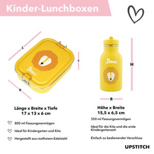 Op de afbeelding: Gele lunchbox met een leeuwenontwerp en het woord "Benn" erop. De lunchbox is 17 cm lang, 13 cm breed en 6 cm diep. Hij heeft een capaciteit van 800 milliliter. De lunchbox is gemaakt van roestvrij staal.