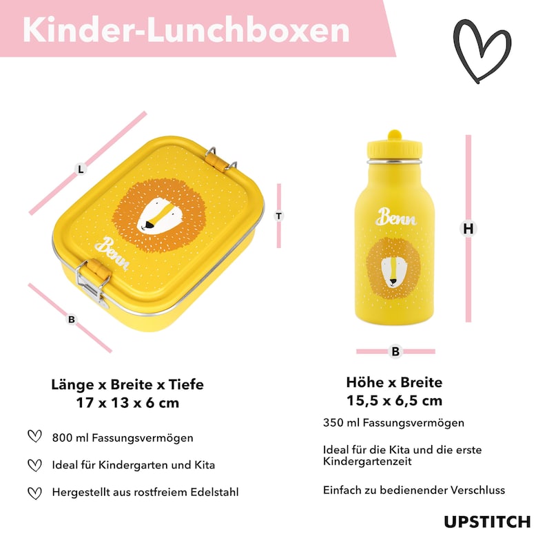 Op de afbeelding: Gele lunchbox met een leeuwenontwerp en het woord "Benn" erop. De lunchbox is 17 cm lang, 13 cm breed en 6 cm diep. Hij heeft een capaciteit van 800 milliliter. De lunchbox is gemaakt van roestvrij staal.