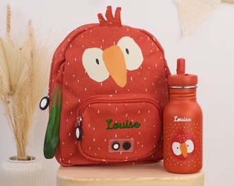 Kindergartenrucksack bestickt mit Namen als Set mit Trinkflasche | Trixie Rucksack | Trixie Trinkflasche | SMALL | Papagei | Kita Starterset