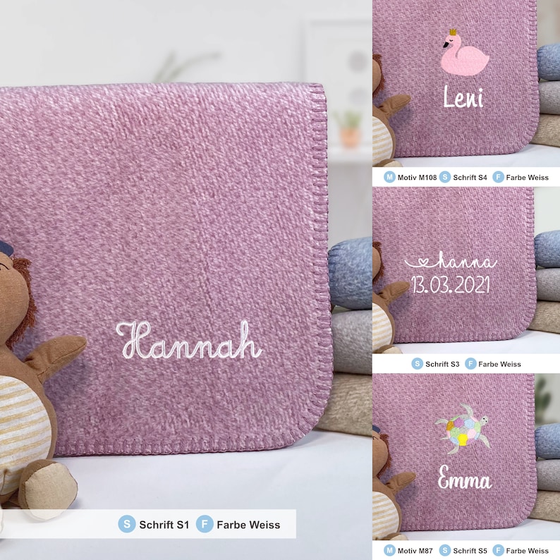 May include: A pink fleece baby blanket with white embroidery. The blanket is personalized with the name "Hannah".