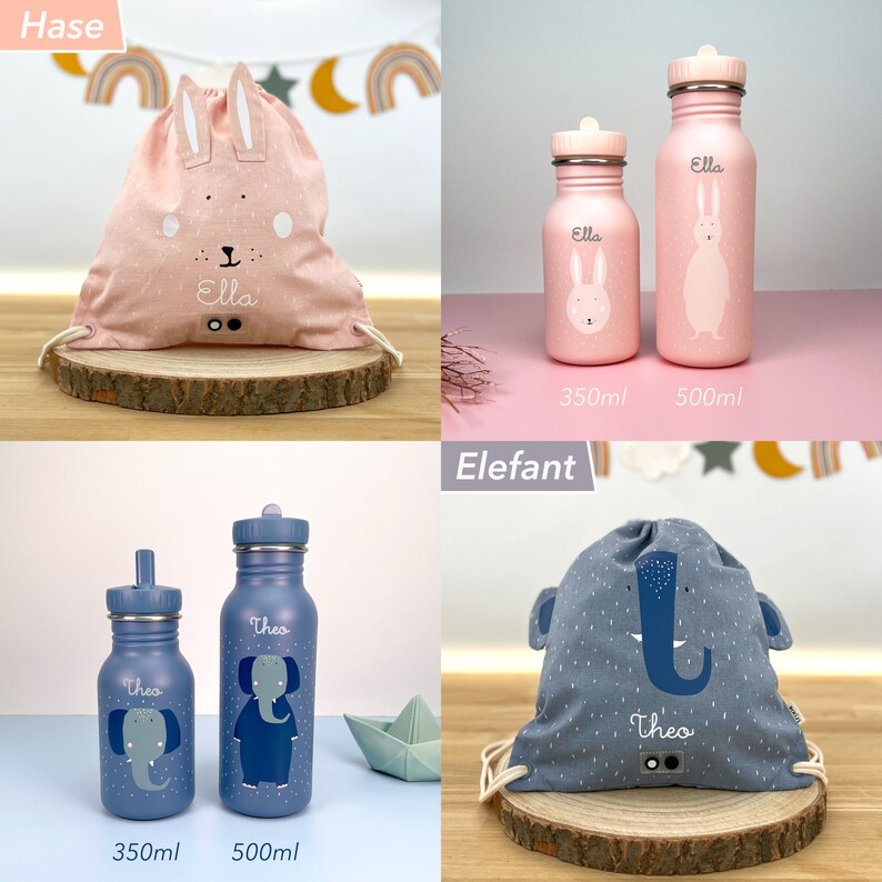 KINDERTURNBEUTEL personalisiert MIT NAMEN einzeln oder als Set mit Kinder-Trinkflasche in zwei Größen / Motive: Hase, Löwe, Elefant etc. Bild 3