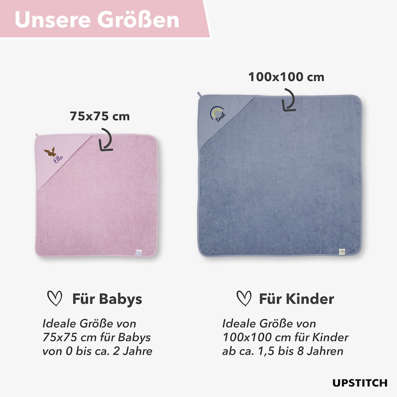 Baby und Kinder Kapuzenhandtuch für Jungen und Mädchen mit Namen personalisiert in Blau/Rosa/Weiss/Grün/ 75x75cm/100x100cm / Kindergeschenk Bild 10