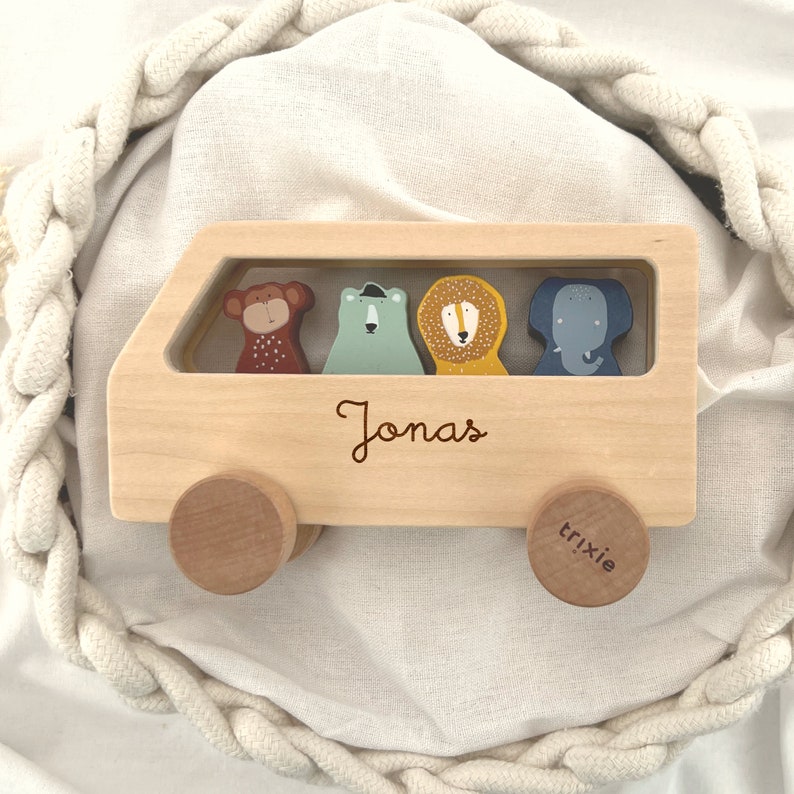 Wooden car engraved with name / children's wooden toy bus personalized with desired name / children's gift / baby gift image 1