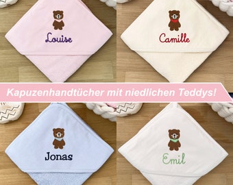 Serviette à capuche bébé et enfant avec nounours et prénom personnalisé en blanc/rose/bleu/75 x 75 cm/100 x 100 cm/serviette bébé/cadeau enfant