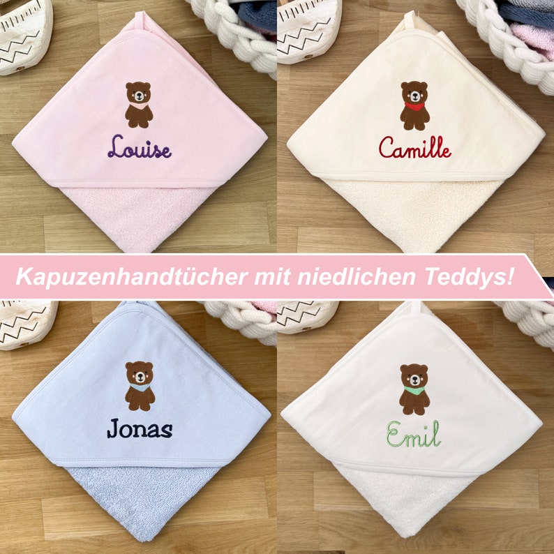 Baby und Kinder Kapuzenhandtuch mit Teddy und Namen personalisiert in Weiß/Rosa/Blau/ 75x75cm / 100x100cm / Babyhandtuch / Kindergeschenk Bild 1