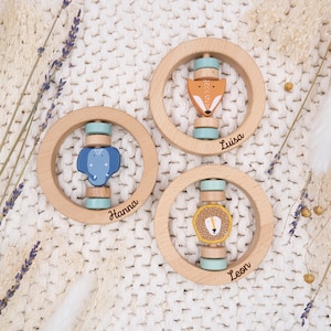 Sonajero para bebé personalizado con nombre, regalo para bebé con nombre para nacimiento, regalo nacimiento niño niña, sonajero bebé Trixie zorro león elefante