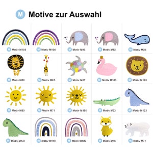 May include: A collection of 18 colorful embroidered iron-on patches featuring various designs, including animals, rainbows, and suns. The patches are labeled with the text "Motiv" and a number.