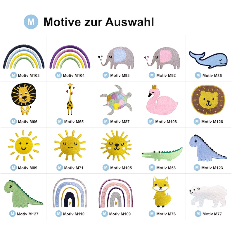 May include: A collection of 18 colorful embroidered iron-on patches featuring various designs, including animals, rainbows, and suns. The patches are labeled with the text "Motiv" and a number.