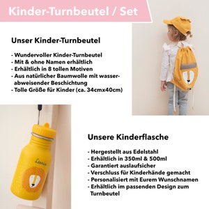 KINDERTURNBEUTEL personalisiert MIT NAMEN einzeln oder als Set mit Kinder-Trinkflasche in zwei Größen / Motive: Hase, Löwe, Elefant etc. Bild 2