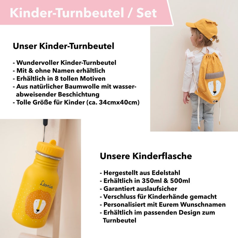 KINDERTURNBEUTEL personalisiert MIT NAMEN einzeln oder als Set mit Kinder-Trinkflasche in zwei Größen / Motive: Hase, Löwe, Elefant etc. Bild 2