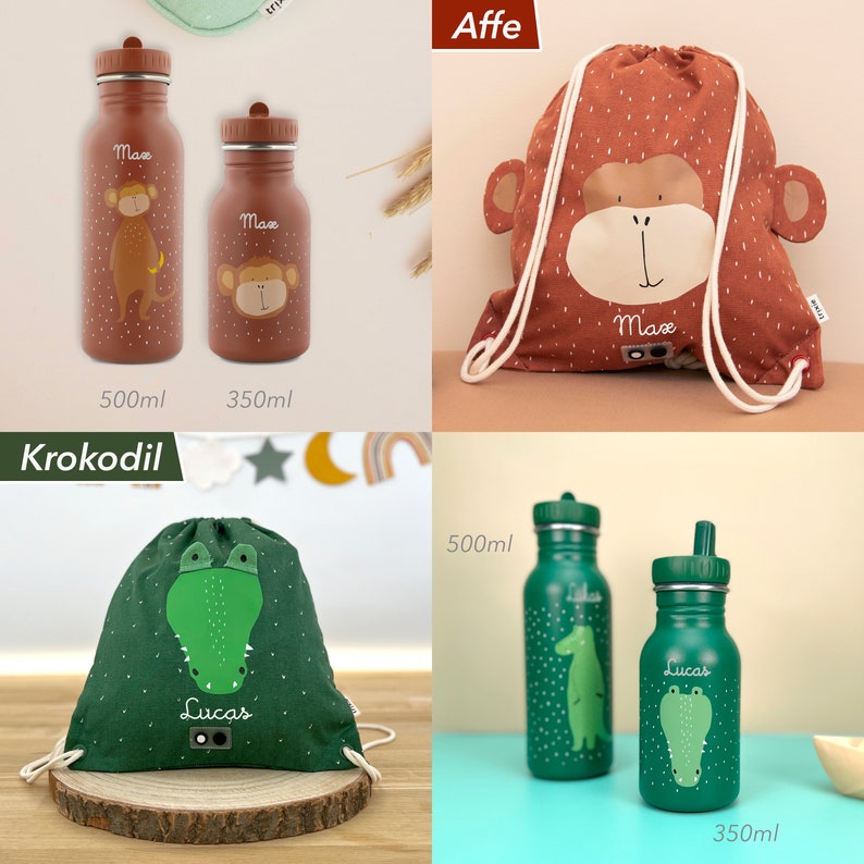 KINDERTURNBEUTEL personalisiert MIT NAMEN einzeln oder als Set mit Kinder-Trinkflasche in zwei Größen / Motive: Hase, Löwe, Elefant etc. Bild 6