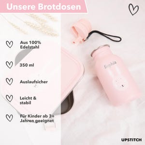 Op de afbeelding: Roze lunchbox van roestvrij staal met een konijnenontwerp en de naam "Sophia" erop. De lunchbox heeft een inhoud van 350 ml en is lekvrij. Hij is gemaakt van 100% roestvrij staal en geschikt voor kinderen vanaf 3 jaar.