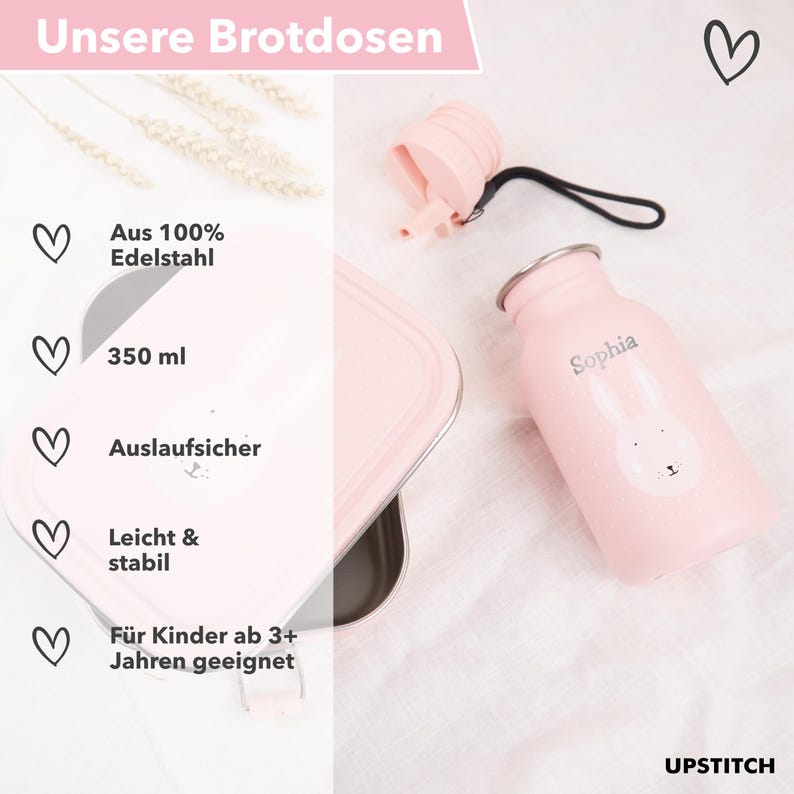 Op de afbeelding: Roze lunchbox van roestvrij staal met een konijnenontwerp en de naam "Sophia" erop. De lunchbox heeft een inhoud van 350 ml en is lekvrij. Hij is gemaakt van 100% roestvrij staal en geschikt voor kinderen vanaf 3 jaar.