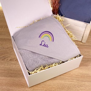 Serviette à capuche bébé personnalisée avec nom en lion gris / éléphant / arc-en-ciel 80 x 80 cm / cadeau bébé / cadeau naissance Regenbogen / Lila