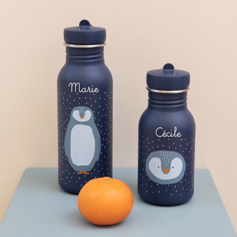 Kinder Wasserflasche/Trinkflasche mit Namen personalisiert aus Edelstahl / Tiger / Kindergarten Flasche / Kita Wasserflasche / Geschenk Pinguin