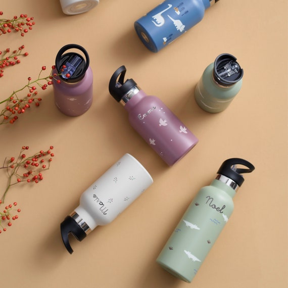 Kinder-Trinkflasche mit Strohhalm aus Edelstahl mit Namen graviert / personalisiert / Thermosflasche