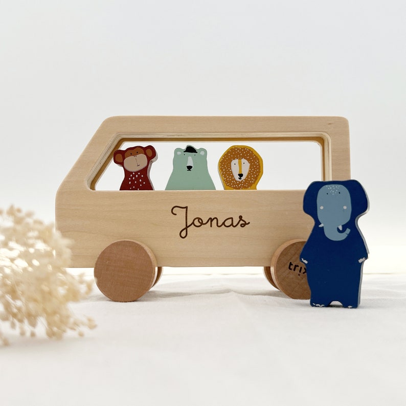 Wooden car engraved with name / children's wooden toy bus personalized with desired name / children's gift / baby gift image 3