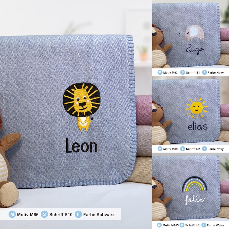 May include: A blue baby blanket with a lion, sun, rainbow, and elephant embroidered on it. The blankets are personalized with the names Leon, Elias, Felix, and Hugo. The text "Motiv M66 Schrift S10 Farbe Schwarz" is at the bottom of the image.