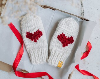 Valentines day gift, White wool gloves whit heart, hand warmers, Valentine gift, winter gloves, handmade gloves,warm gloves SPLOTEKA, WOOLY