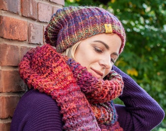 Hat scarf set, Winter hand knit scarf and hat set, Two piece set, Knitted woolen hat and blanket scarf, Oversize scarf SPLOTEKA, MAXCOLOR