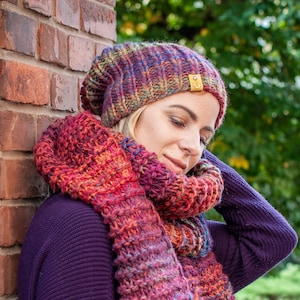 Hat scarf set, Winter hand knit scarf and hat set, Two piece set, Knitted woolen hat and blanket scarf, Oversize scarf SPLOTEKA, MAXCOLOR