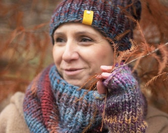 Knit set, Hat gloves scarf set:  Fingerless mittens+ Cowl Neck Scarf+ Slouchy beanie Hand Knitted Wool Accessories, SPLOTEKA MAXCOLOR