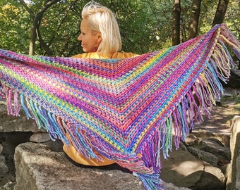 Rainbow crochet shawl triangular Boho shawl Unique shawl Hand knit shawl Winter scarf Hand crocheted shawl Fringe shawl MAXCOLOR, SPLOTEKA