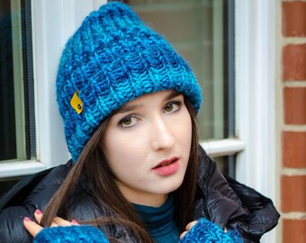 Blue hat, Winter hat, Knit wool hat, Trendy beanie, Women knit hat, Women slouchy beanie, ski hat, Knitted beanie hat, SPLOTEKA MAXCOLOR