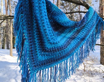 Blue crochet shawl Triangle scarf  Hand knit Boho shawl Fringe shawl crochet scarf MAXCOLOR collection by SPLOTEKA