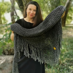 Knit shawl Handmade shawl Cotton merino wool shawl Crochet shawl wrap, Boho scarf, Triangle fringed shawl  SPLOTEKA COSY collection