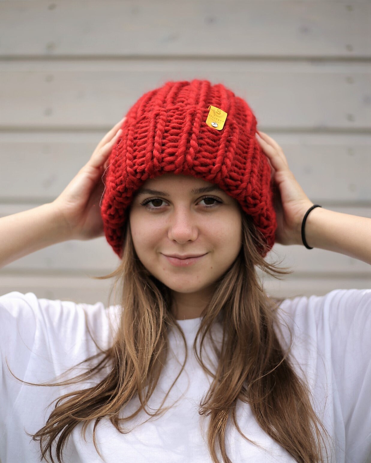 Red Chunky Hat, Wool Slouchy Beanie Women, Winter Hat