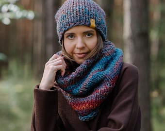 Knit set, Hat gloves scarf set:  Fingerless mittens+ Cowl Neck Scarf+ Slouchy beanie Hand Knitted Wool Accessories, SPLOTEKA MAXCOLOR