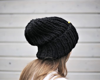 Super Big head beanie, Chunky knit hat, Slouchy beanie, Oversized hat, Black knit hat, Mens Beanie Unisex hat Winter hat SPLOTEKA WOOLY