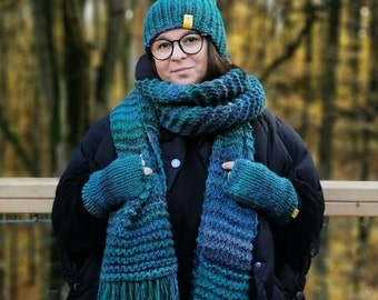 Knit set, Hat gloves scarf set: Green Long Scarf + Fingerless mittens+ Slouchy beanie Hand Knitted Wool Accessories, SPLOTEKA MAXCOLOR