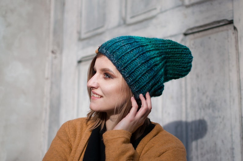 Green Hat Scarf Set, Circle Scarf and Slouchy Beanie, Winter Scarf