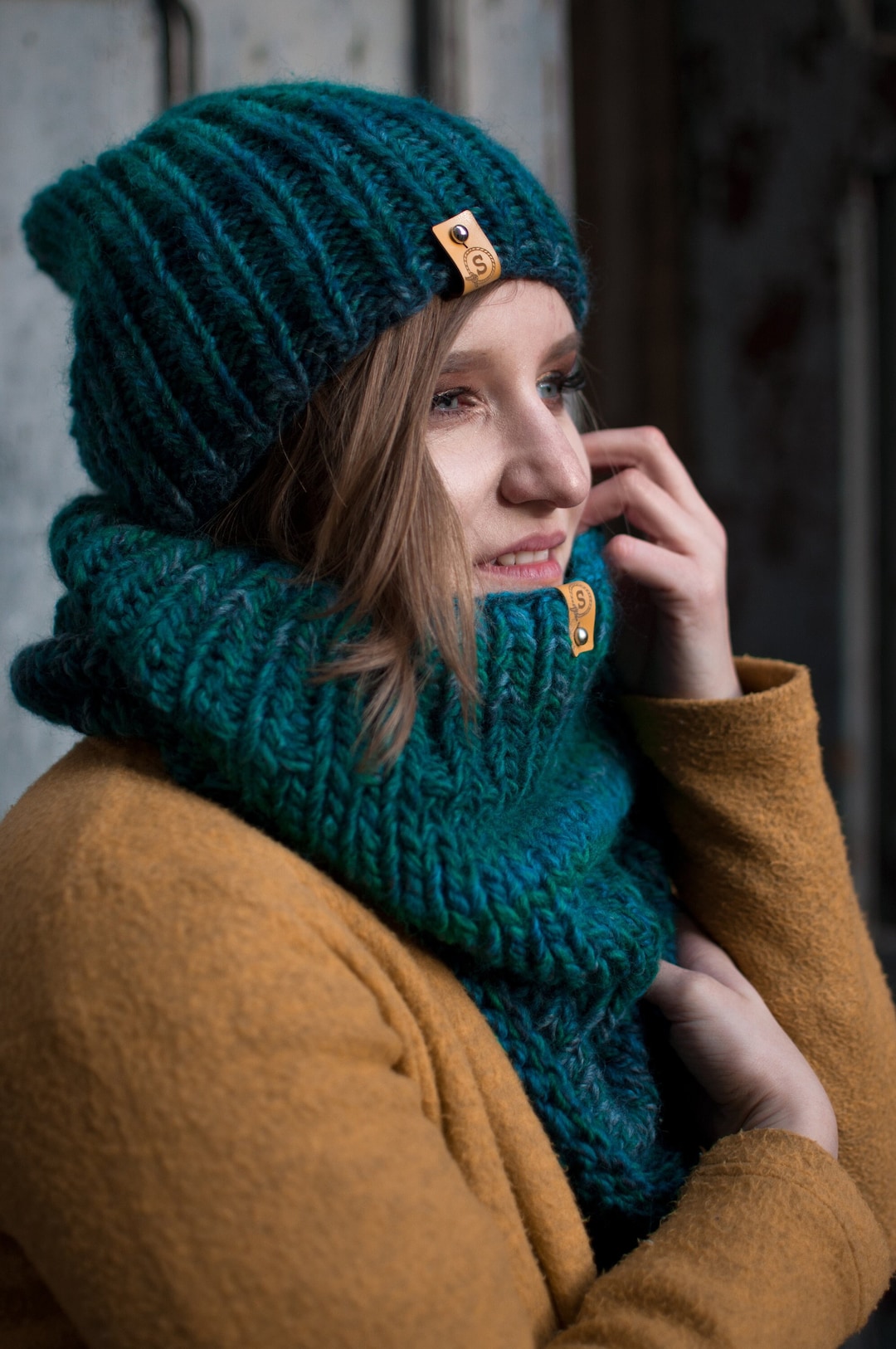 Green Hat Scarf Set, Circle Scarf and Slouchy Beanie, Winter Scarf